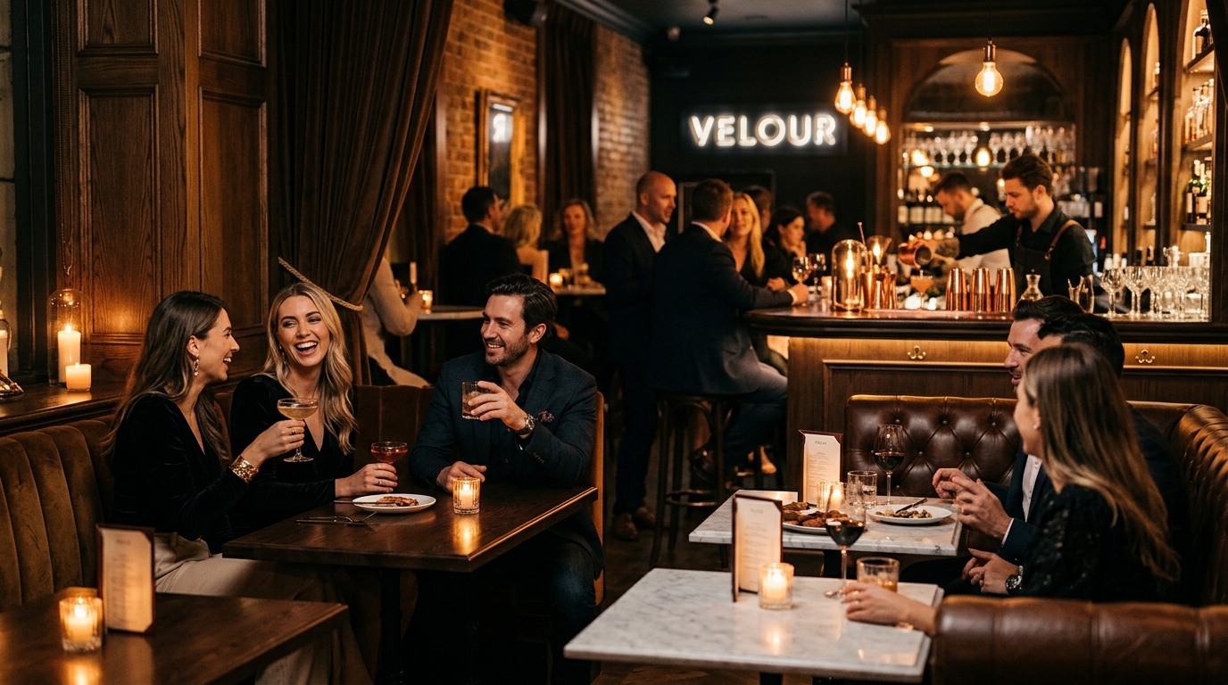 Refined hospitality evening atmosphere with people socializing and dining